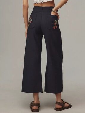 Maeve Anthropologie Colette Cropped Wide Leg Embroidered Strawberry Pants Navy